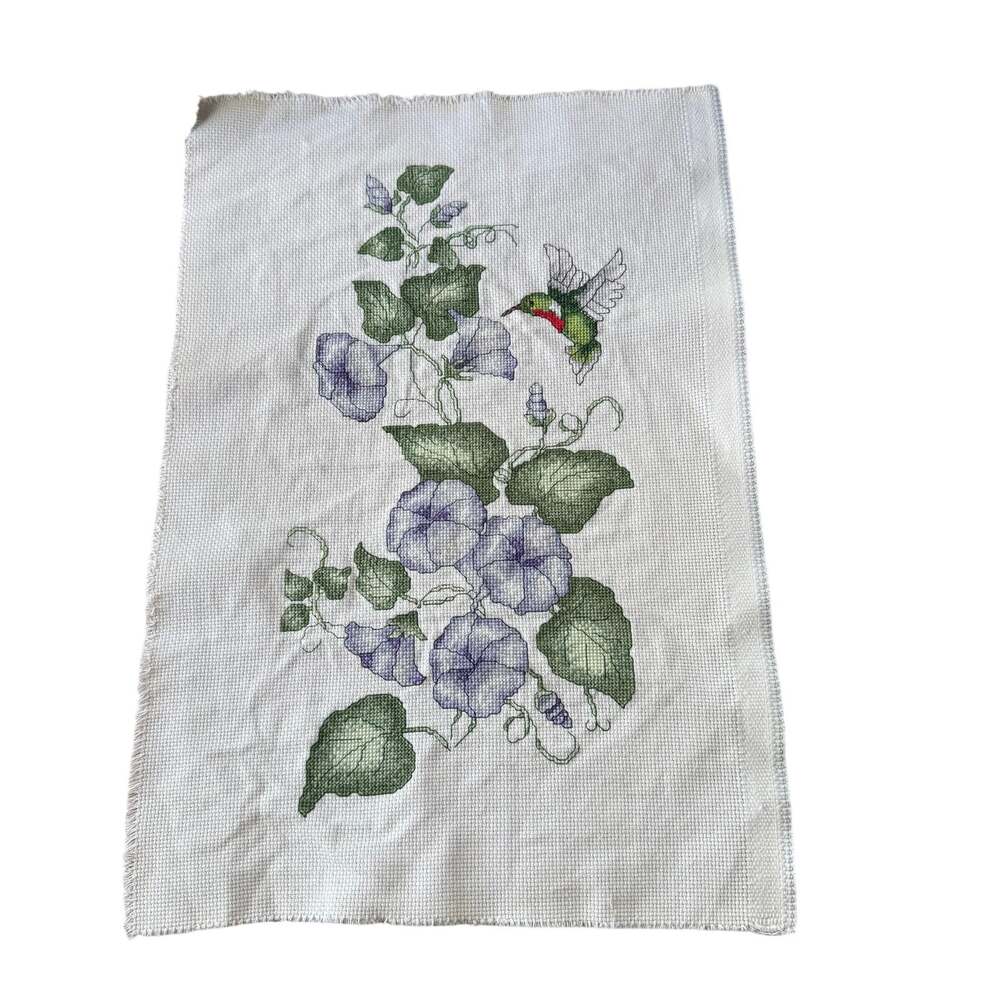 Hummingbird Morning Glories Floral Cross Stitch Completed 12x18" Bucilla 42758